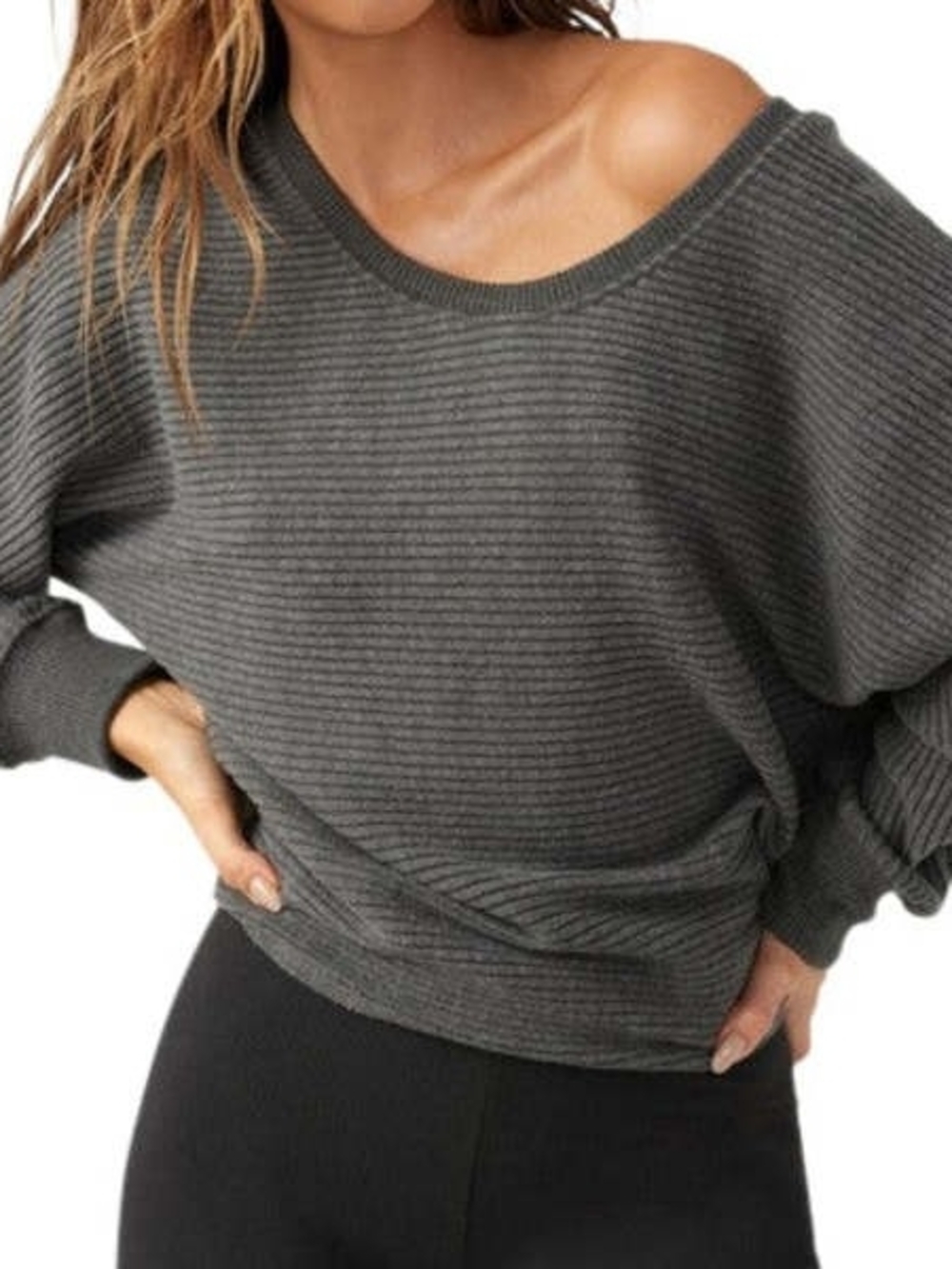 Joah Brown Distressed Charcoal Dolman Ribbed Off-Shoulder Sweater Size XS/S